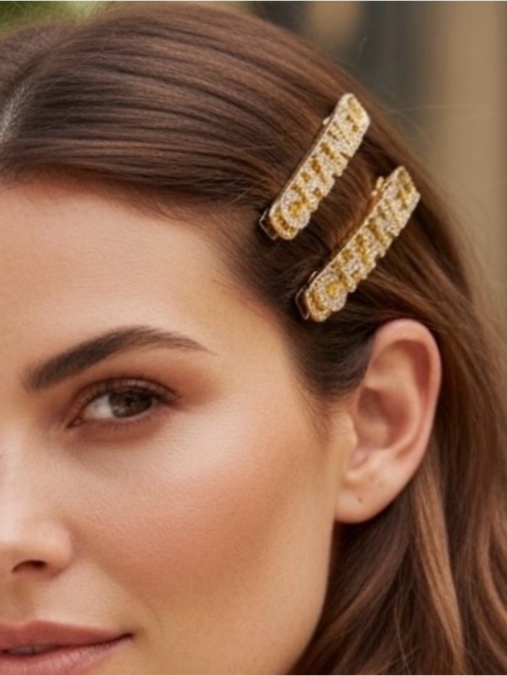 Compliments of CHANEL - 2 Gold Rhinestone Metal Hair Clips - New in bag - Picture 2 of 11